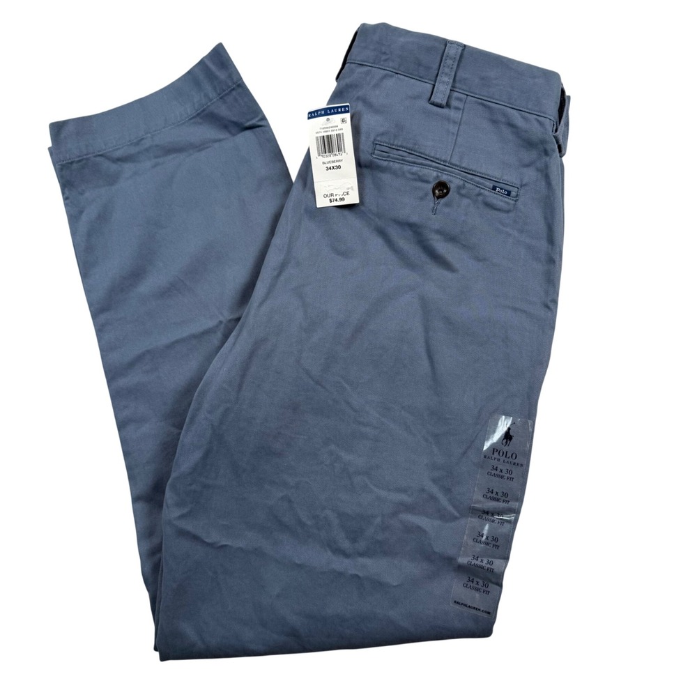 NEW Polo Ralph Lauren Chino Pants Mens 34x30 Blueberry Blue Classic Fit Cotton